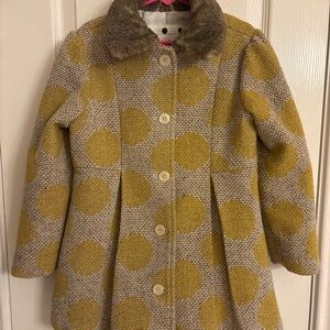 Cherokee Girls Pea Coat Size 6 Yellow Polka Dot Tweed Wool Blend Faux Fur Collar